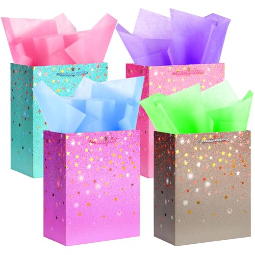 AMFUN Lot de 4 Pochettes Cadeaux avec Anse, Sacs Cadeaux en Papier, Pochettes en Papier avec Anse, Emballage Cadeau pour Noël, les Anniversaires, Mariages,...