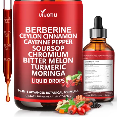 14-in-1 Berberine with Ceylon Cinnamon Supplement Liquid Drops 1800mg + 30:1 Liposomal Tech with Cayenne Pepper Soursop Chromium Bitter Melon Turmeric Moringa Gymnema Glucomannan GLP Support