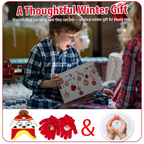Image of Nicklelodeon Paw Patrol Boy's Winter Hat and 2 Pair of Gloves or Mittens Set (Toddler /Little Boys) Size Age 4-7, Paw Patrol Marshall Glove with Handwarmers