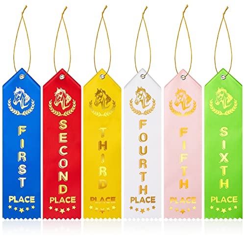 Horse Show Award Ribbons 1st - 6th Place Flat Carded Set Participation Ribbon Prize Ribbon with Event Card and Rope Winner Recognition Ribbons for Competition Sports Event Contest Ornaments (72)