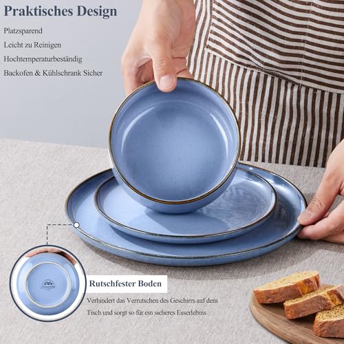 Joyfair Geschirrset 6 Personen, 18-tlg Steinzeug Tafelservice Set, Kratzfest Reaktive Glasur Geschirr Set mit Speiseteller, Dessertteller, Müslischalen, Mikrowellen- & Spülmaschinenfest, Ozean Blau