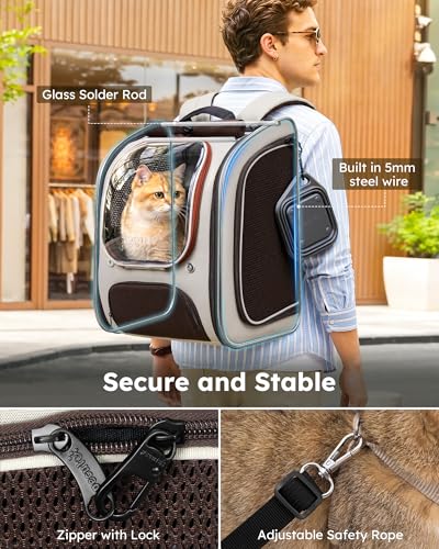 Pecute Dog Backpack Carrier,Large Space Dog Bubble Backpack,Ergonomic,Khaki | Color Blocking,Sunshade curtain,Folding bowl,Transparent window,Sturdy,Large mesh on both sides for breathability - Image 4