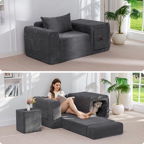 Image of MAXYOYO Folding Sofa Couch, Convertible Floor Sofa with Armrest, Multifunctional Sofa with Pillow and Pockets, Boneless Couch for Living Room, Dark Grey