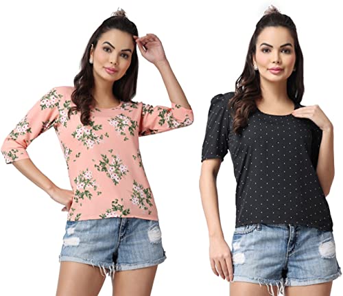Image of POPWINGS Casual Floral Printed Round-Neck Puff-Sleeves Tops Combo for Women