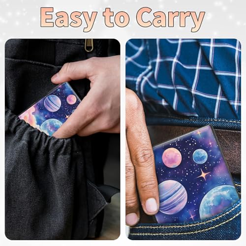 Image of Slim Credit Card Holder, Pink Starry Planets RFID Blocking Metal Wallet for Men & Women, Aluminum Minimalist Hard Case Pocket-Sized Business Cards Organizer (Fits Up to 10 Cards)