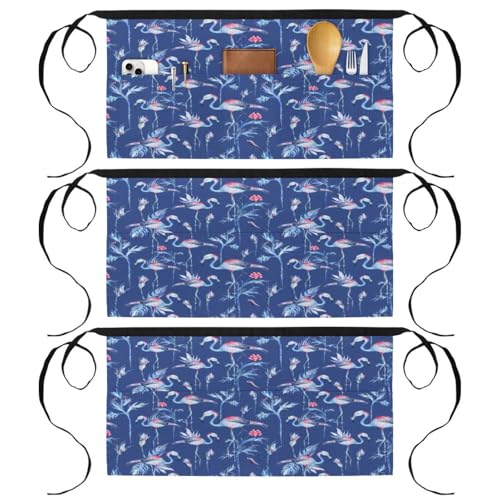 Tablier court de chef lot de 3 avec 3 poches pour cuisine motif flamant rose