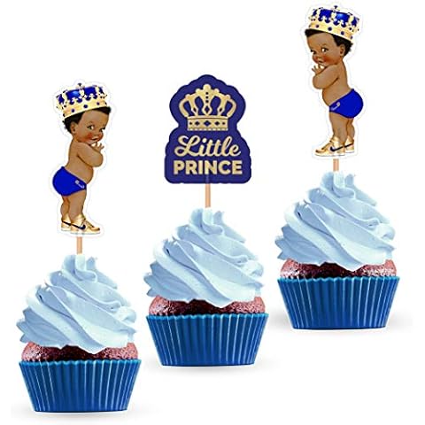 Little Prince Cupcake Cake Toppers - African American Royal Themed Baby Shower Birthday Party Decorations Supplies for Boy - 24 PCS Cover