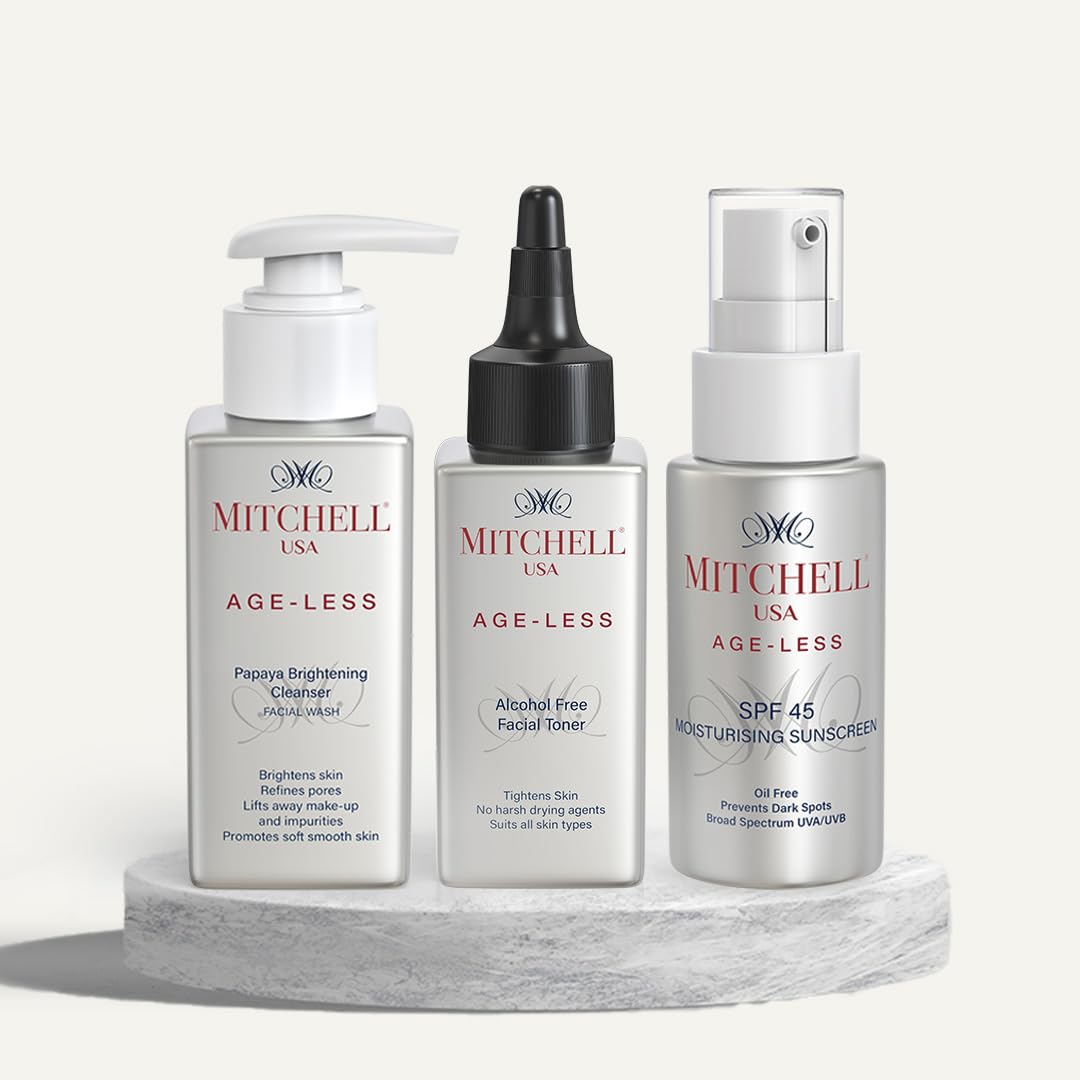 Mitchell USA Anti Aging 3-Step travel size Holiday Skincare Kit Facial Cleanser + Alcohol free Toner + Moisturizer cum Sunscreen SPF 45