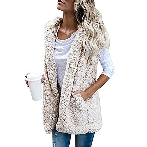 Grimgrow Maternity Vest, Fuzzy Sherpa Fleece Jacket Lightweight Vest Cozy Sleeveless Cardigan Outerwear with Pocket Beige X-Large
