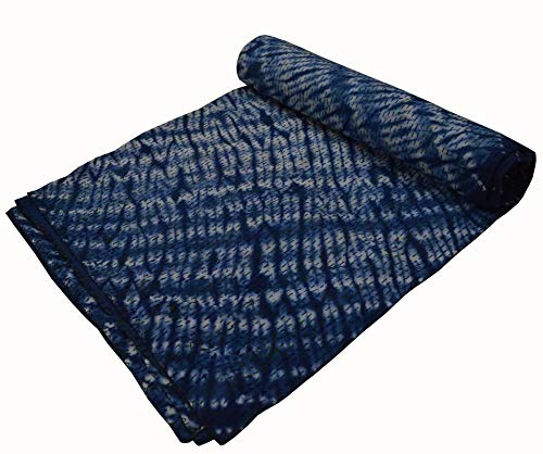 V Vedant Designs Queen Cotton Kantha Quilt Indigo Blue Throw Cotton Blanket Double Bedspread