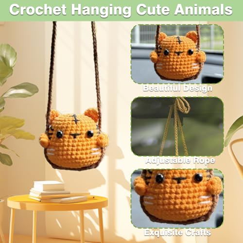 Image of Crochet Swinging Tiger Car Mirror Hanging Accessories, Cute Car Decorations for Women Aesthetic, Handmade Knitted Rearview Mirror Car Accessories Home Office Car Mirror Decor