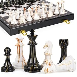 15″ Large Chess Set for Adults with Weighted Acrylic Chess Pieces 3.5″ King & Portable Folding Marbling Wooden Chess Board Travel Chess Sets Family Board Game Gift – Elegant Classic Chess Game