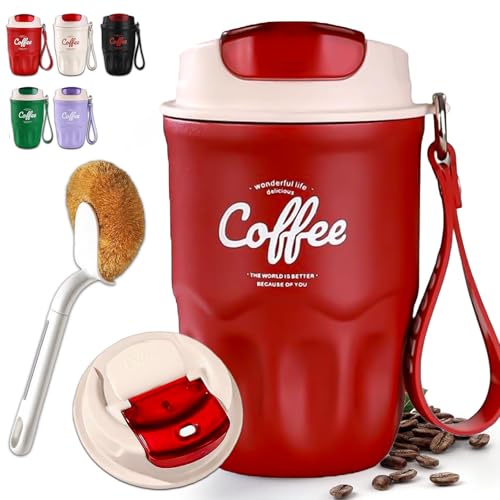 Image of Coffee Vacuum Flask, Portable Coffee Cup with Lid & Handle, Stainless Steel Insulated Water Bottle for Home, Office, and Outdoor Use, Insulated Travel Drinkware, Travel Coffee Mugs (Red,Simple)