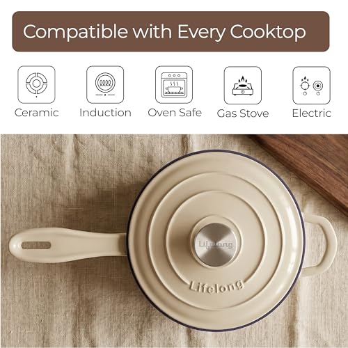 Image of Lifelong Enamel Cast Iron Saucepan with Lid (1.9L, 20cm) | Oven, Gas & InductionŚ Compatible | Slow Cooking, Even Heat Distribution, Non-Toxic, Durable, Naturally Nonstick, No Stains or Scratch(Ivory)