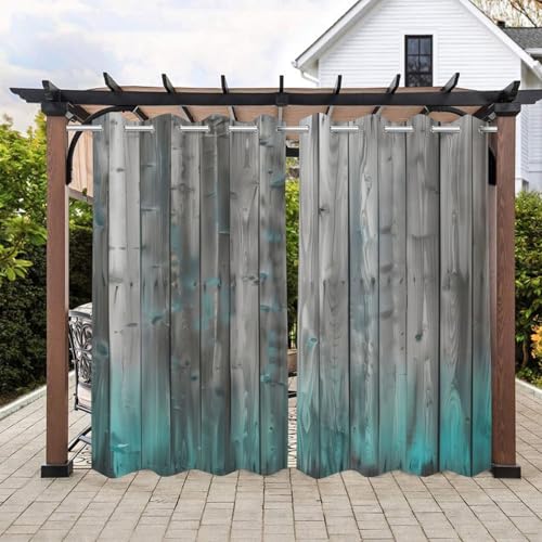 Lirduipu Wooden Theme Waterproof Outdoor Curtains for Patio,Wooden Board Gradient Pattern,Privacy Curtains for Porch Pergola Arbor Lanai Pool House Outside Deck,2 Panels,54 x 84 inch,Cyan Gray