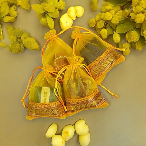 KRIWIN Pack of Thirty Small Size Silk Organza Potli Gift Bags Coin Bags(15 X 10 cm) Drawstring Closure (Yellow) - Image 6