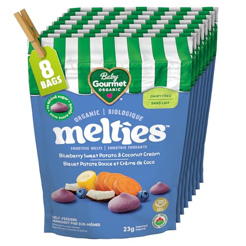 Baby Gourmet Melties, Blueberry, Sweet Potato & Coconut Cream, 23 g Bag (Pack of 8) | 8 Months+ | Meltable Snack for Self-Feeding | Organic | Canadian Brand