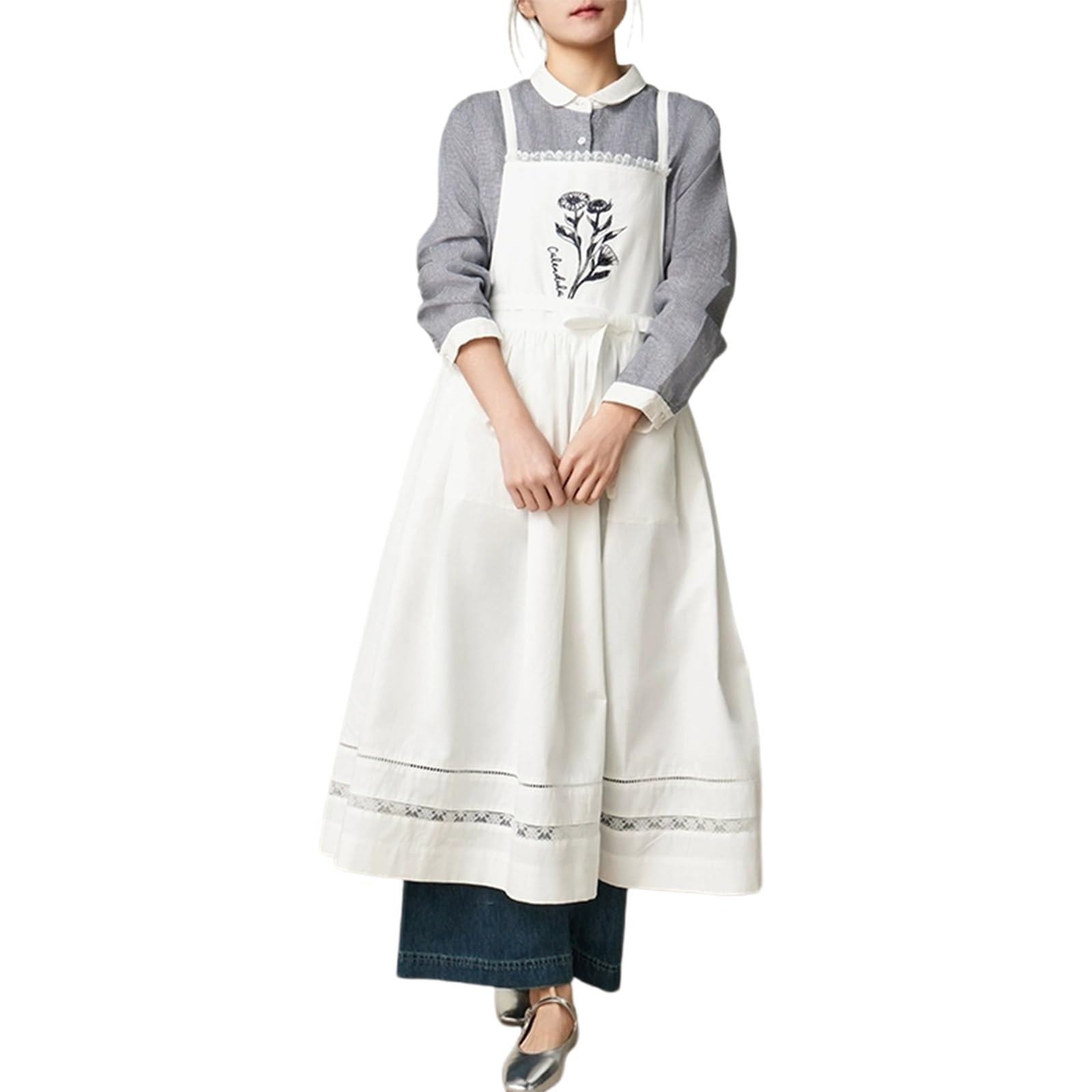 Bawełniany Fartuch Dla Kobiet Z Kieszeniami Vintage Fartuch Pinafore Sukienka Dla KobietWhite,One Size