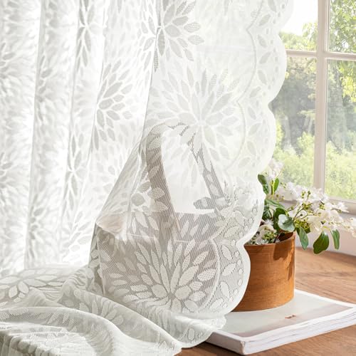 Image of MIULEE Vintage Lace Curtains 96 Inches Long 2 Panels, Victorian Decorative Floral Scalloped Semi Sheer Curtains Pretty Light Filtering Rod Pocket Panels for Bedroom Living Room, 52 inch W x 96 inch L, White