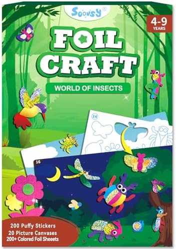 SOOVSY 200 Sheets INSECT Foil Art Fun Kit for Kids, Foil Art for Kids Crafts Kit DIY Creative Activity Birthday Christmas Gift Travel Toys for 4 5 6 7 8 9 Years Old Kids Girls Boys
