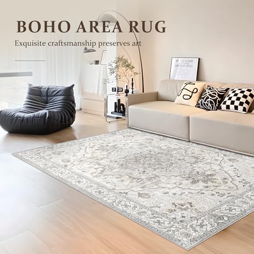 Deerly Washable Bedroom Area Rug 4x6 Indoor Thin Carpet for Living Room Boho Vintage Rug for Kitchen Entryway Dining Room Office Non-Slip Low Pile, Beige/Multi