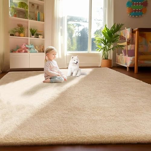 Image of Rectangular Ultimate Softness with 4x6 feet Skin Beige Fluffy shag Carpet Thick 2-inch Plush fibers,Soft Luxurious Pile,Anti-Slip Backing,Nursery,Living Room,Indoor Modern Home decor