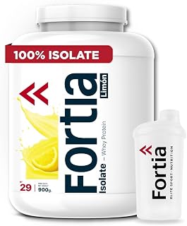 FORTIA Whey Protein Isolate 100% 38g/dosis + Shaker – Proteina Isolada de Suero Premium Hecha en España | Proteína Alta en BCAA, Leucina y Glutamina | Mejora Masa Muscular y Recuperación | Limón 900g