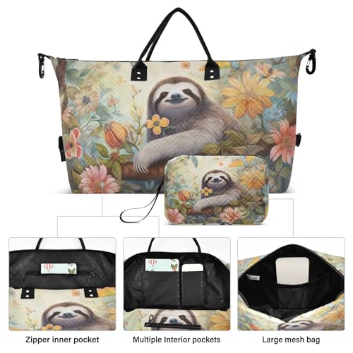Large Travel Duffel Bag, Cute Sloth in Branch Floral Sports Tote Gym Bag, Shoulder Weekender Overnight Bag for Women Men, Carry On Luggage with Toiletry Bags2