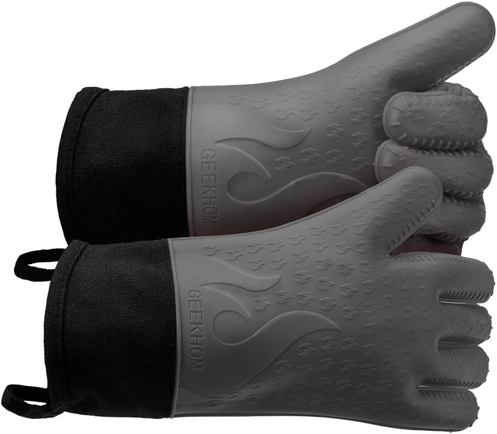 GEEKHOM Grilling Gloves, BBQ Gloves Heat Resistant Oven Gloves Kitchen Silicone Oven Mitts, Long Waterproof Non-Slip Potholder for Barbecue, Cooking, Baking (Grey, Medium)