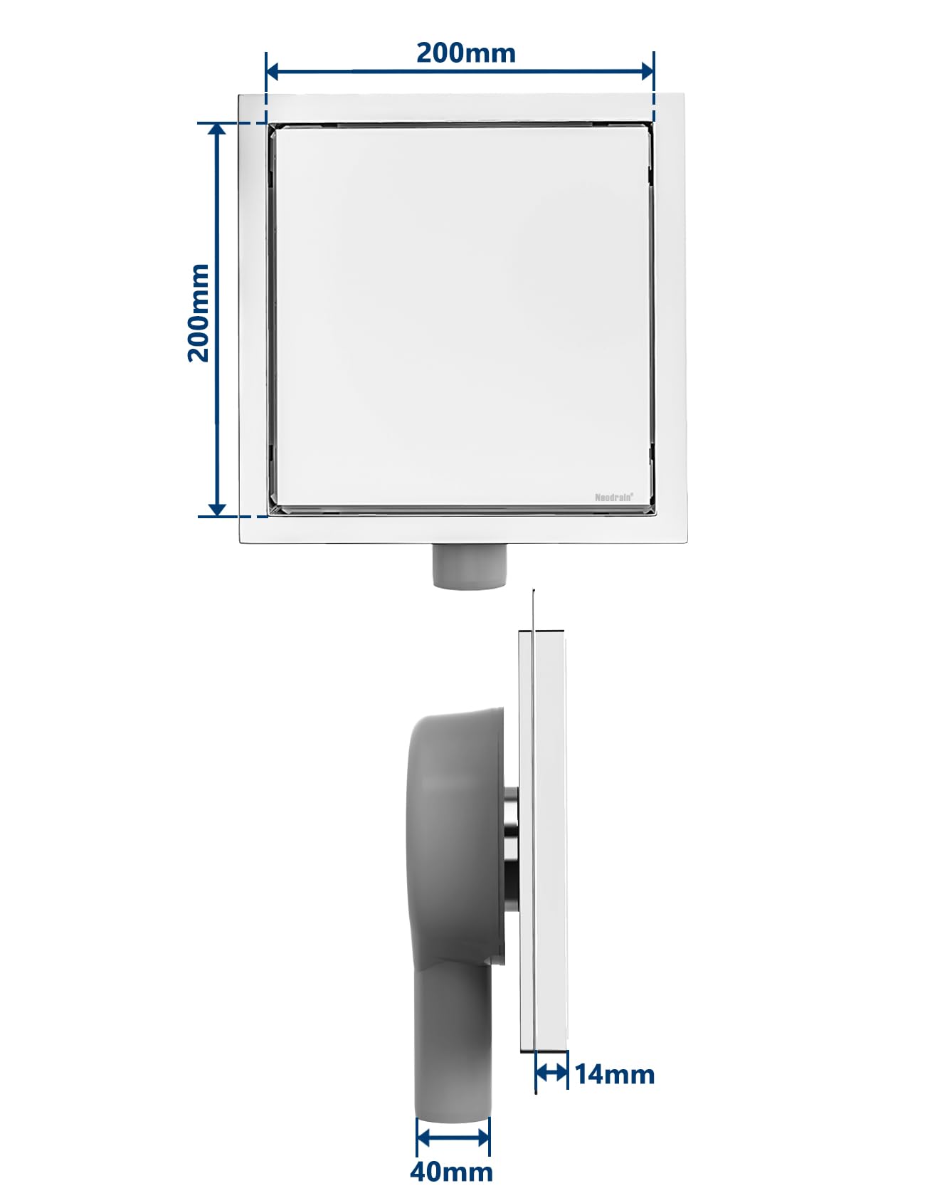 Neodrain Caniveau de Douche en Acier Inoxydable 360° Siphon De Sol, Odeur et Filtre de Cheveux 2 en 1 Drain de Sol, 20 x 20 cm