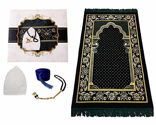 Muslim Prayer Rug, Prayer Mats Muslim for Men and Women,Stylish and Prayer Mat - Prayer Rug, Kufi Hats for Men Muslim (White) - Tasbih Prayer Beads (Black), Green Velvet Sajadah for Prayer
