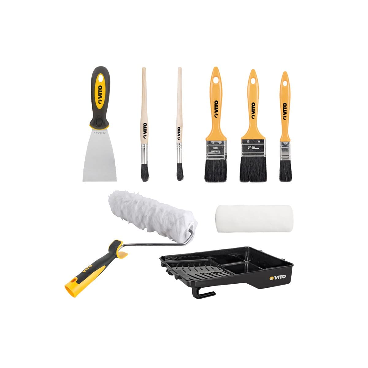 VITO - KIT 9 pièces Peinture Bac peinture Rouleau mur sablés + recharge 3 pinceaux plats 2 pinceaux à rechampir Spatule acier