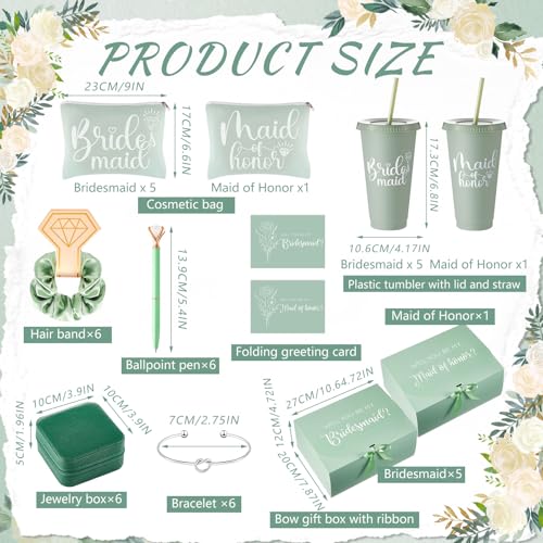 48 Pcs Bridesmaid Proposal Gifts Set, Maid of Honor Gifts Set from Bride, Will You Be My Bridesmaid Gift Box, 24 oz Tumbler Bridal Bachelorette Party Presents for Bridesmaids Wedding(Green)2