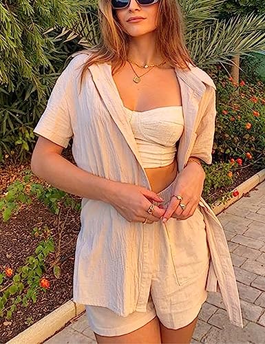 Image of APAFES Women Summer Cotton Linen Short Sets 2 Piece Shorts Top Lounge Beach Vacation Two Piece Outfits Tracksuits