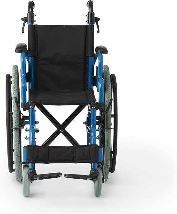 Medline Kidz Pediatric Wheelchair with 14 Wide Nylon Seat with Seat Belt, 150 lb. Weight Capacity, Telescoping Handles, Swing-Back Desk-Length Arms, Swing-Away Footrests with Calf Straps, Blue