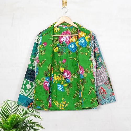 INDACORIFY Indian Patchwork Cotton Quilted Jacket Vintage Assorted Print Multicolor Flower Stitched Reversible Jacket2