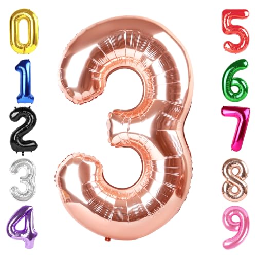 Image of 40 In Rose Gold Number 3 Balloon, 3rd Birthday Party Decorations for Women | 40 Inch Rose Gold inflatable foil number balloons, large birthday decorations for 3rd birthday