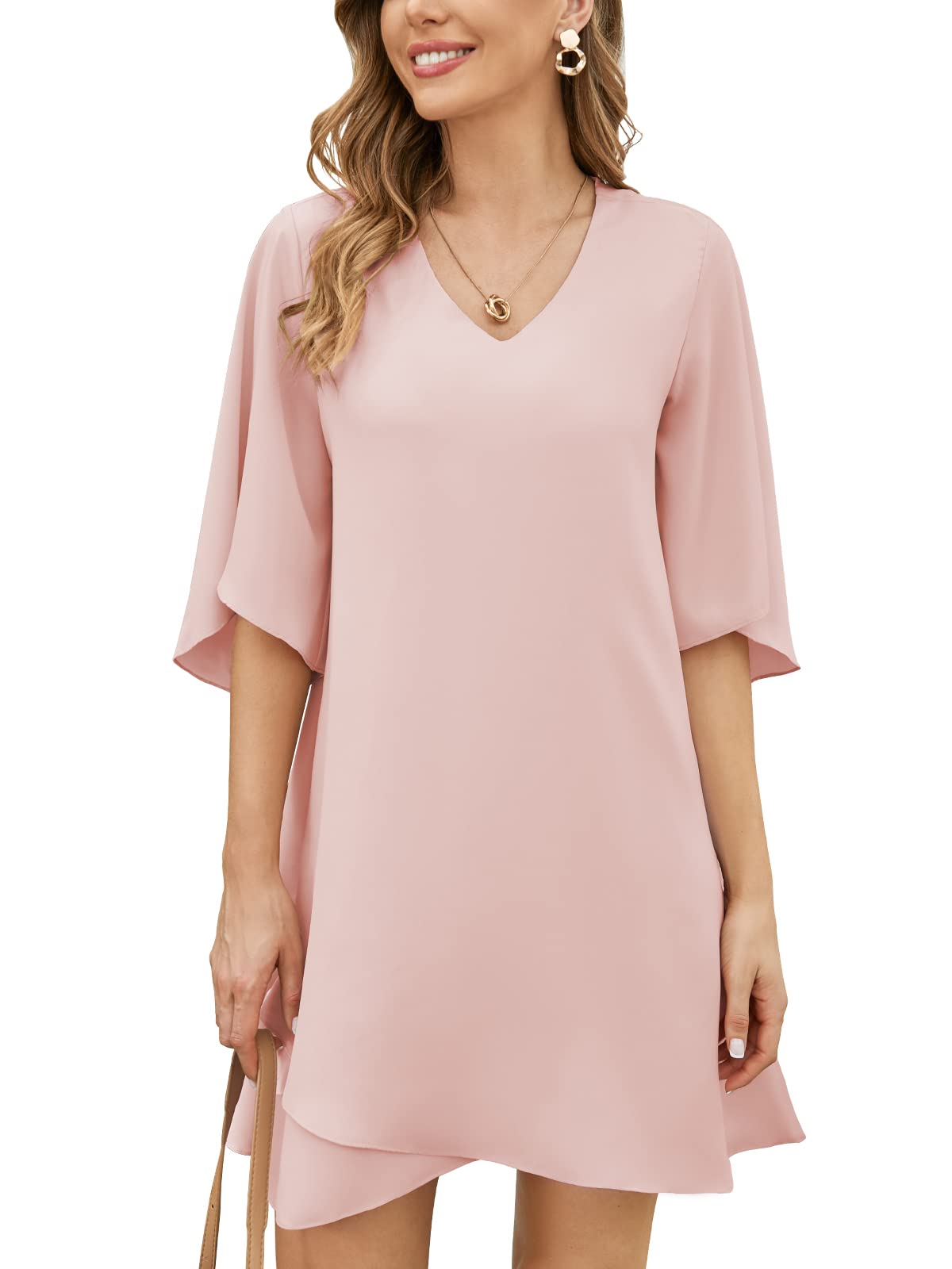Photo 1 of BELONGSCI Women's 2024 Summer Dress Sweet & Cute V-Neck 3/4 Bell Sleeve Casual Flowy Swing Dress Light Pink-2114 XX-Large