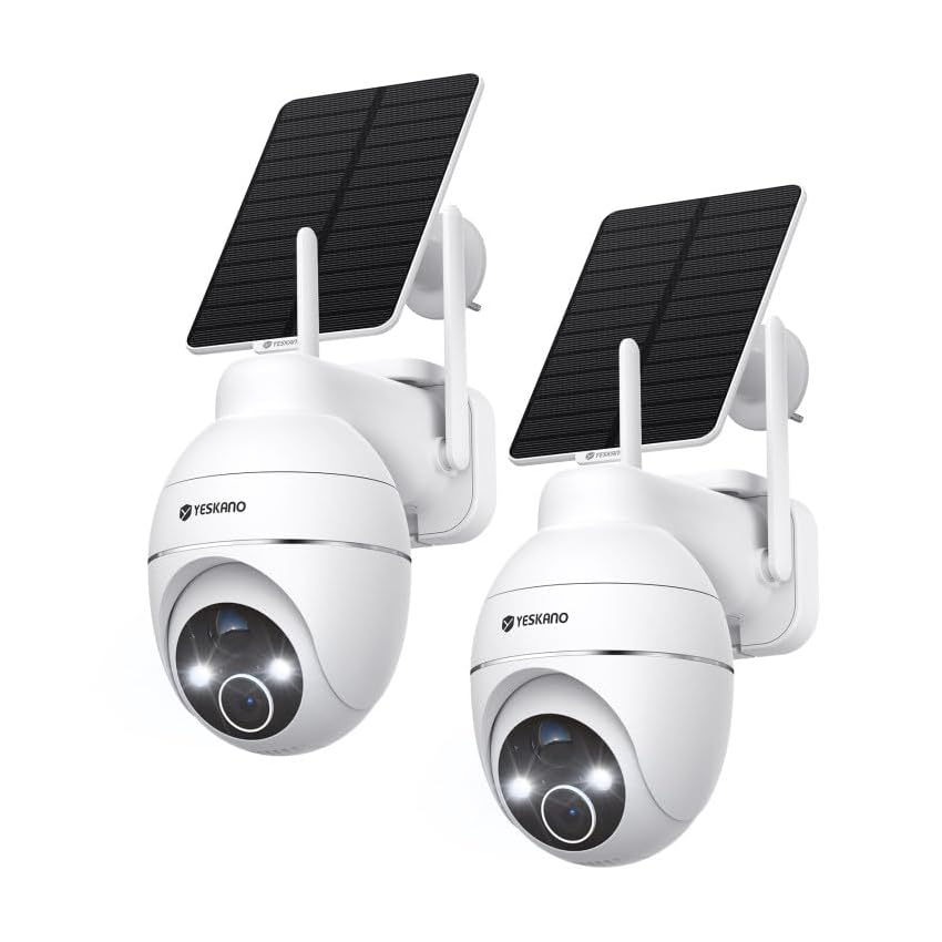 YESKANO Telecamera Wi-Fi Esterno Senza Fili Con Pannello Solare, 360° PTZ Videocamera Sorveglianza A Batteria, Visione Notturna A Colori, Rilevamento Umano/PIR con Allarme, 2 Vie Audio, 2.4GHz-2PZ