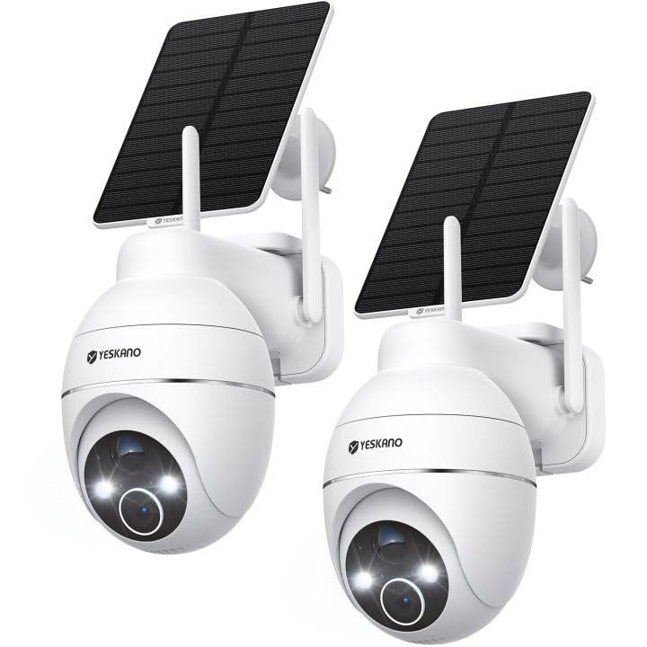 YESKANO Telecamera Wi-Fi Esterno Senza Fili Con Pannello Solare, 360° PTZ Videocamera Sorveglianza A Batteria, Visione Notturna A Colori, Rilevamento Umano/PIR con Allarme, 2 Vie Audio, 2.4GHz-2PZ