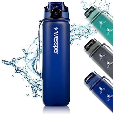 Wessper Tritan Trinkflasche 1L Blau Wasserflasche Mit Zeitmarkierung BPA-frei | Auslaufsichere Sportflasche Für Fahrrad Schule Kinder Wandern Sport | Water Bottle Fitness Flasche Spülmaschinenfest Cover