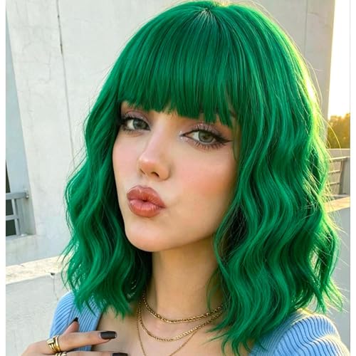 andromeda Green Short Bob Wavy Wig with Bangs for women (14 Inch)