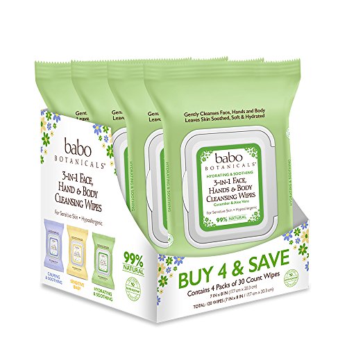 Babo Botanicals Swim & Sport 3-in-1 Face, Hand & Body Wipes with Natural Cucumber and Aloe Vera, Hypoallergenic, Vegan, 30 Count (Pack of 4)