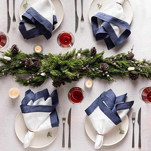 O'lucio Linen Napkins Cloth – White And Navy Blue Set Of 4, 20 X 20 Inch – Luxe Hemstitch Linen Dinner Napkins From 100% French Flax For Spring, Easter Lunch, Holiday #TOP3