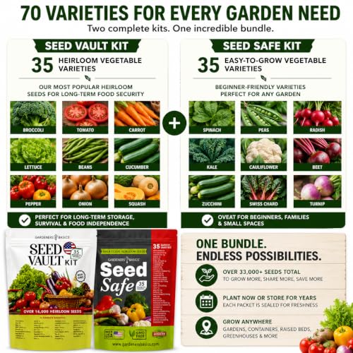 Gardeners Basics Survival Seed Vault & Seed Safe Bundle – 70 Heirloom Vegetable Varieties, 33,000+ Seeds, Non-GMO Emergency Food Supply - Image 3