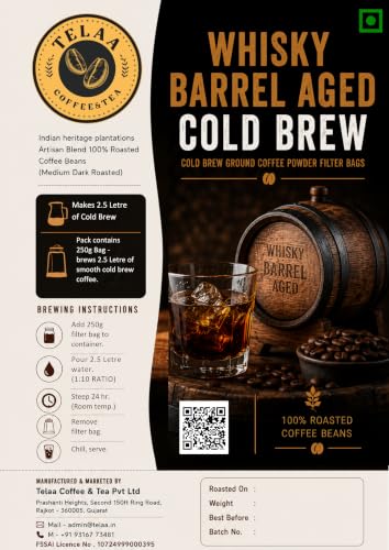 Image of Whiskey Barrel Aged Cold Brew - 250 g Ready Bag | Makes 2.5L Smooth Premium Cold Brew | By Telaa Coffee and Tea