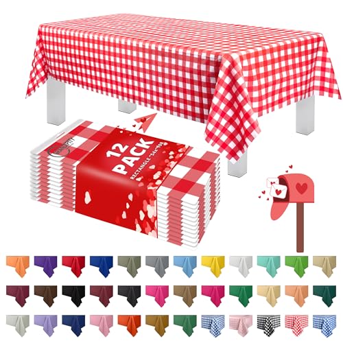 Grandipity 12 Pack Premium Disposable Plastic Picnic Tablecloth 54 Inch. x 108 Inch. Decorative Rectangle Table Cover - Red Checkered Gingham