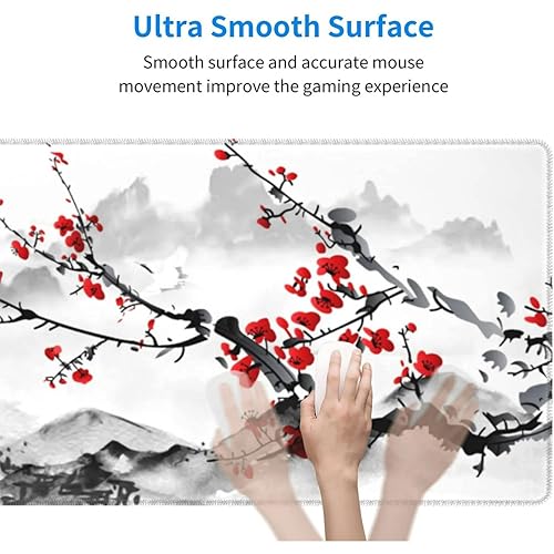 Image of Printed Gaming Mousepad - Premium Stitched Edges, Smooth Surface,Size 11x23 inches, Non-Slip Rubber Base - Ideal for Office & Gaming Setup (Watercolor Cherry Blossom)