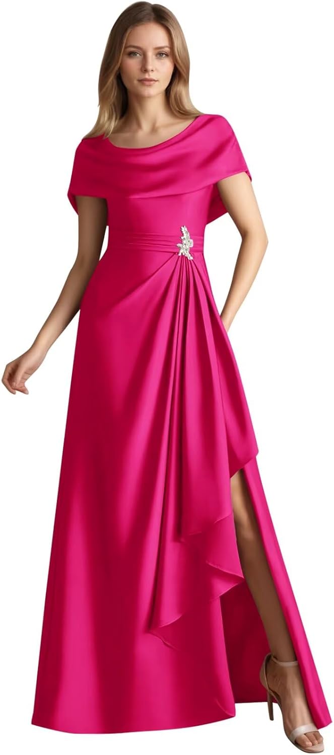 Women's Satin Mother of The Bride Dresses Long for Wedding Cape Sleeves Ruffles Formal Evening Gown with Slit