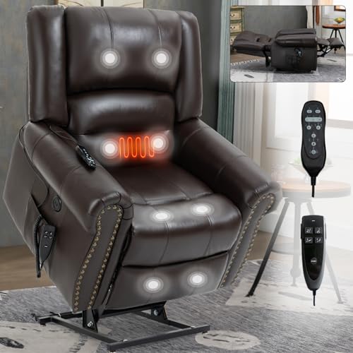 RHHVVR Dual Motor Power Lift Recliner Chair, Lay Flat Recliner Chair with Massage and Heat Remote Control for Adult Elderly, Large Electric Faux Leather Lift Chair, Extended Footrest, Brown